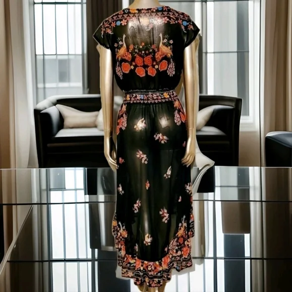 NWOT Floral Shirred Waist Tie Front Ruffle Hem Boho Sheer Dress Sz M - Picture 16 of 16